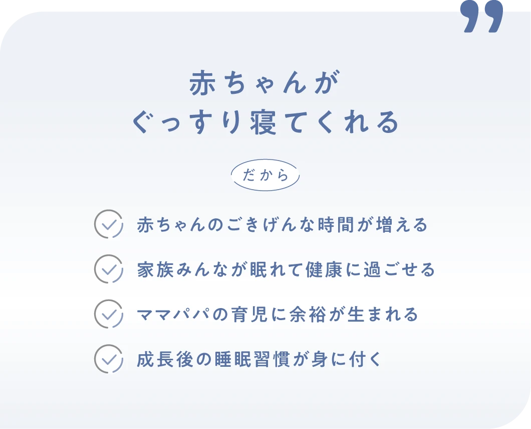 ”赤ちゃんが
			ぐっすり寝てくれる
			だから
			・赤ちゃんのごきげんな時間が増える
			・家族みんなが眠れて健康に過ごせる
			・ママパパの育児に余裕が生まれる
			・成長後の睡眠習慣が身に付く