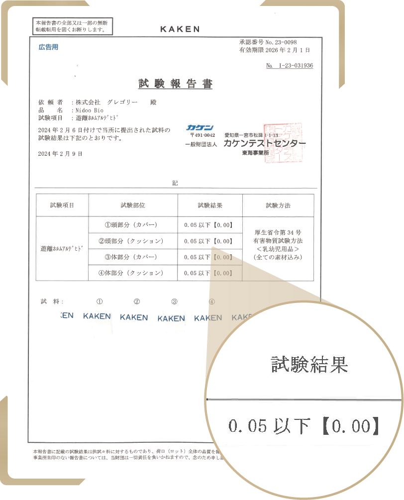 カケンテストセンター証明書 検査結果0.05以下『0.00』